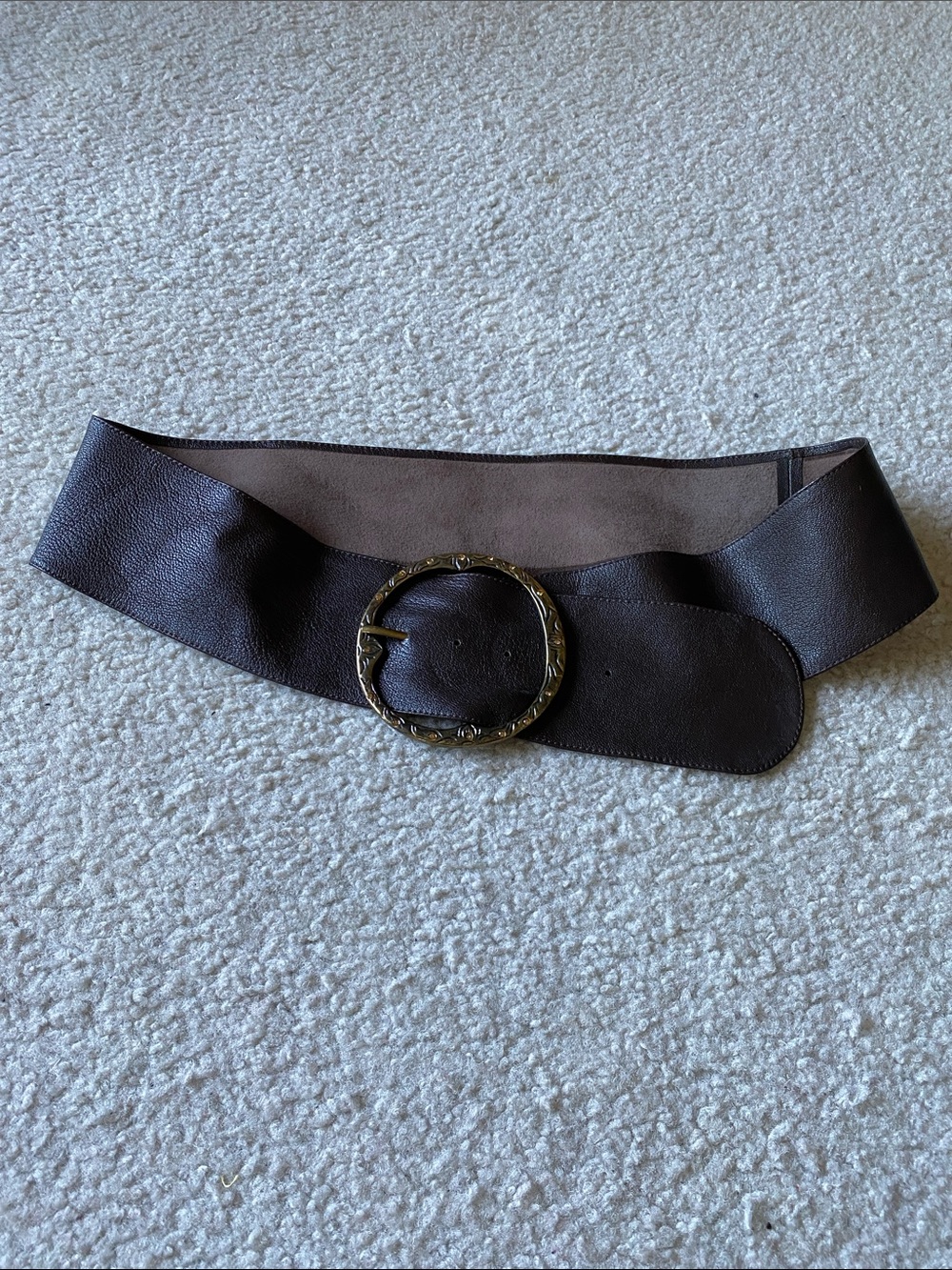 Dark brown soft leather belt with bronze color buckle with small yellow stones